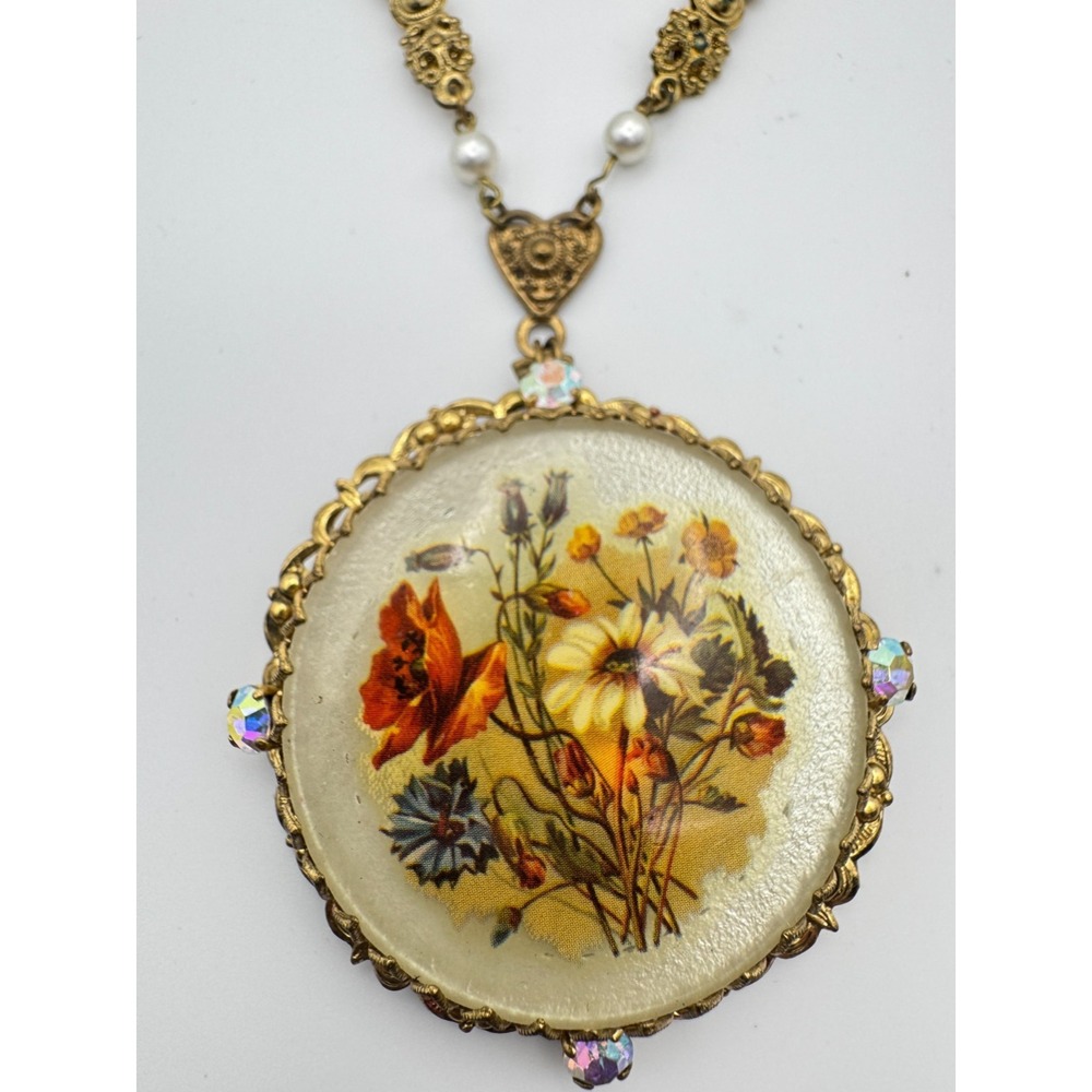 Vtg West Germany Necklace Floral Pendant AB Rhinestone Spring Flowers